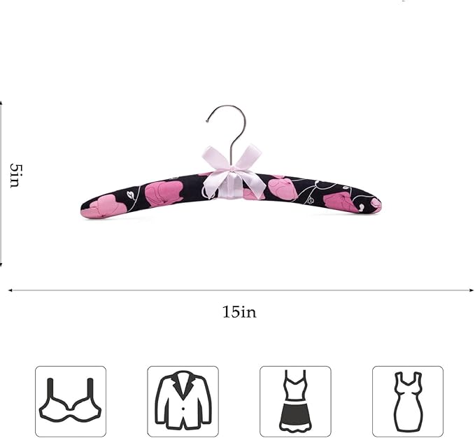 Anti-Slip Satin Padded Clothes Hangers with Rotatable Hooks No Shoulder Bump for Women Heavy Sweaters, Coats, Suits, Floral Pattern with Satin Bow, 360° Swivel Hook, Set of 5 (Pink)