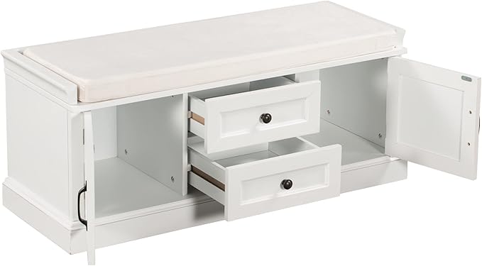 Knocbel 42.5" Entry Storage Bench with Removable Cushion, 2 Drawers and 2 Cabinets, Entryway Hallway Foyer Shoe Bench End of Bed Bench with Aluminum Handles, 200lbs Weight Capacity (White)