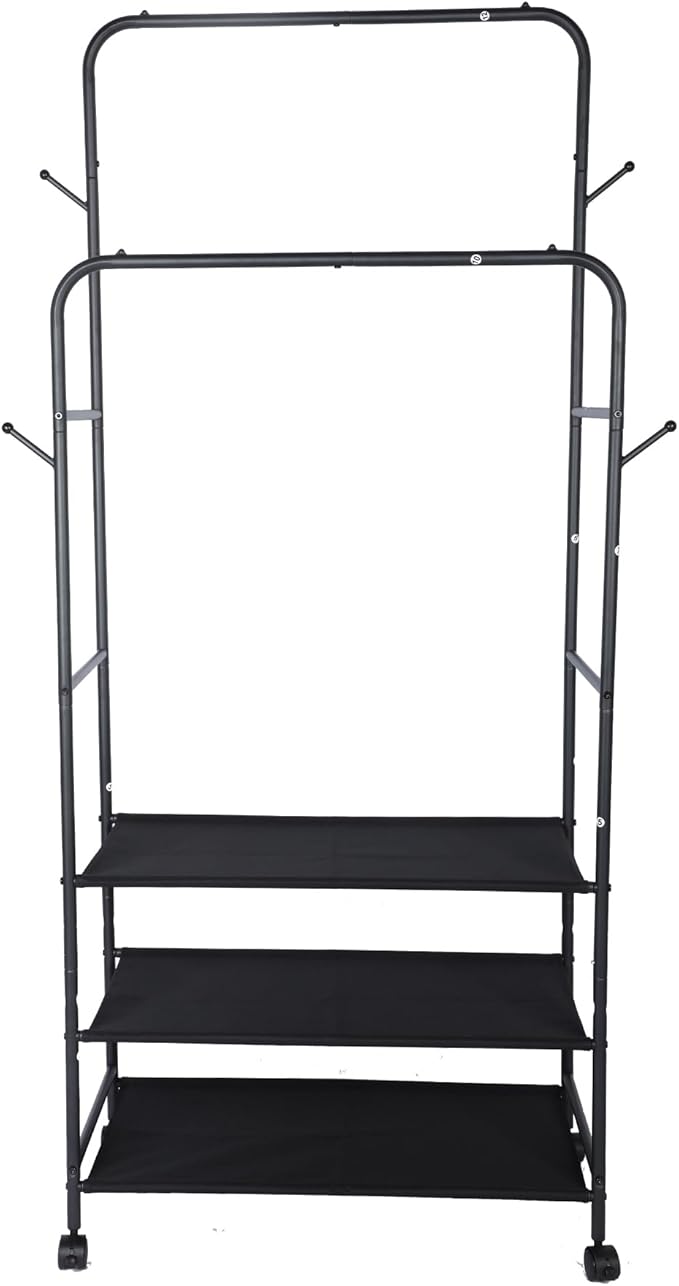 Whitmor Double Rod Clothes Rack: Metal Rolling Clothing Racks for Hanging Clothes, Heavy Duty Garment Rack with 3 Shelves, Portable Clothes Organizer for Bedroom, Laundry, Living Room, Black