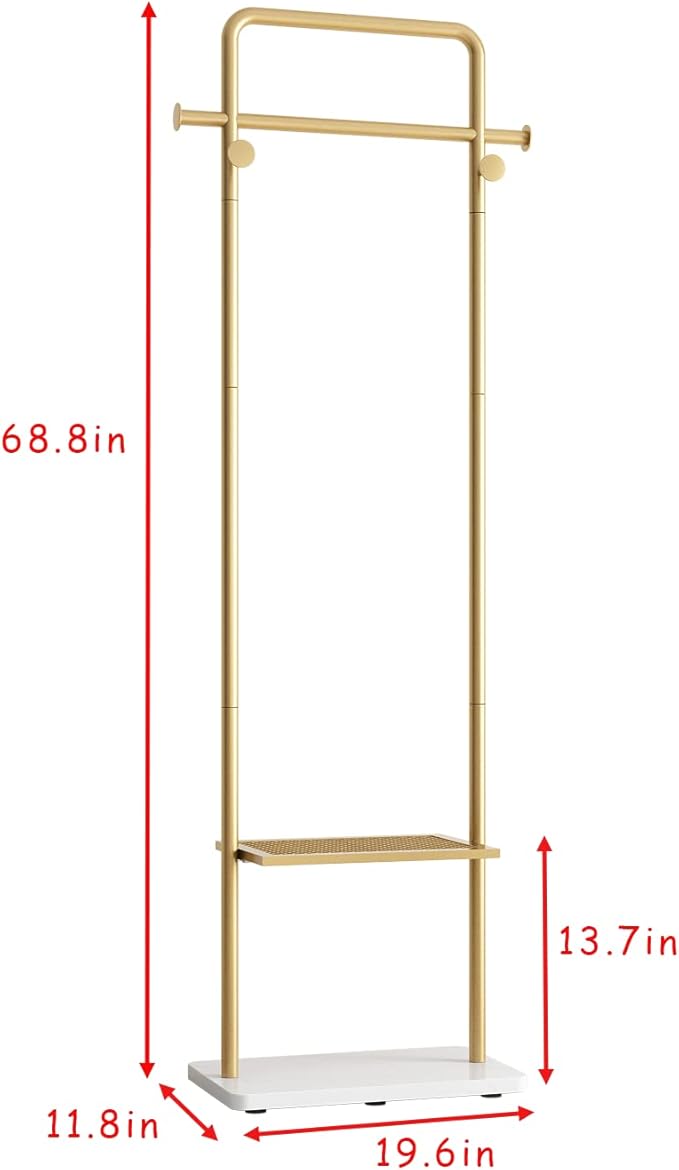 TIEOU Gold Clothes Racks with Shelf, Heavy Duty Gold Clothing Racks for Boutiques, Free-Standing Metal Garment Rack for Hanging Clothes, Modern Coat Rack Entryway