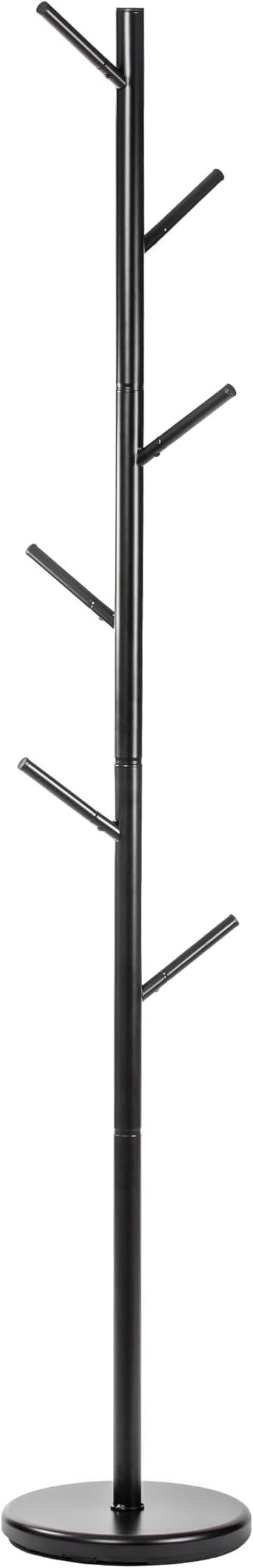 Coat Rack Black Freestanding - Modern Hat and Coat Stand with 6 Hooks - Black Powder-Coated Tubular Steel, Compact 11.0" Base, 66.1" Height for Entryway, Office, or Bedroom Organization