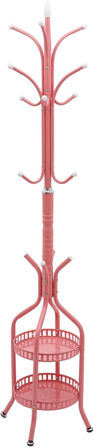 Coat Rack Freestanding,72.8in High Metal Coat Tree with 15 Hooks and Storage Shelves for Entryway Living Room Bedroom Office Use(Pink)
