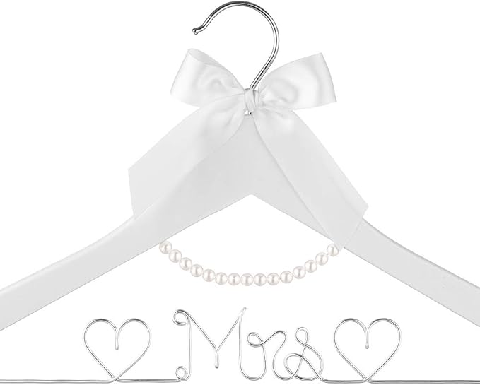 Bridal Dress Hanger Solid Wood Dress Hangers Mrs Letter Hanger Wedding Gift (Silver White Hangers and Pearls)