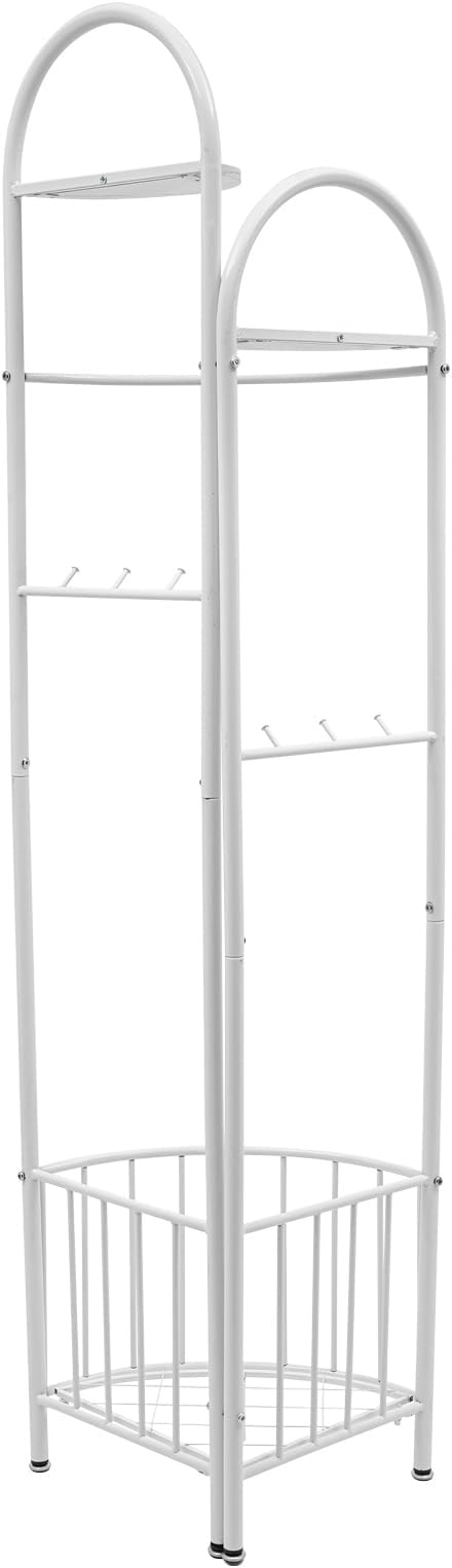 Corner Hall Tree, Corner Coat Rack with Storage Basket, Entryway Clothing Rack for Living Room Bathroom and Clothing Store, 6 Hooks and 2 Partitions, 90-Degree Corner Design (White)
