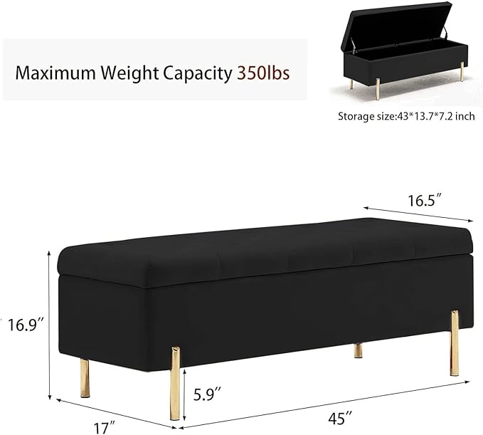 Andeworld Velvet Storage Bench, Modern Bedroom Bench, Upholstered Tufted Large Settee Ottoman with Storage Bench for Bedroom,Living Room,Entryway,Black