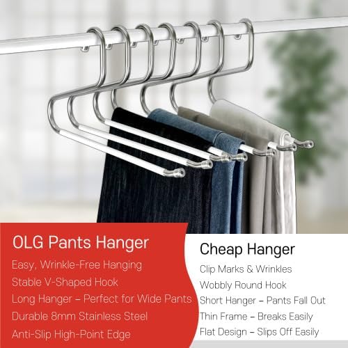 OLG 8mm Stainless Pants Hanger with V Hook and Reverse S, Non-Slip for Men Women -Heavy-Duty Trouser and Jeans Closet Organizer, Ganchos para Pantalones (20, White)