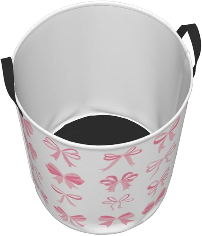 Laundry Basket Room Decor,Round Laundry Hamper Waterproof Dirty Clothes Hamper Collapsible Laundry Baskets With Handles,Toy/Clothes Storage Basket For Home Dorm Bathroom Decor (Pink Bow)