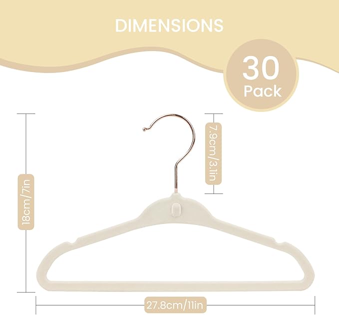Baby Velvet Hangers 30 Pack, 11 Inch Stackable Kids Hanger for Closet, Ultra Slim Non-Slip Toddler Hangers with Rose Gold Swivel Hook & 10 Clips, Felt Hanger for Children's Clothes, Beige