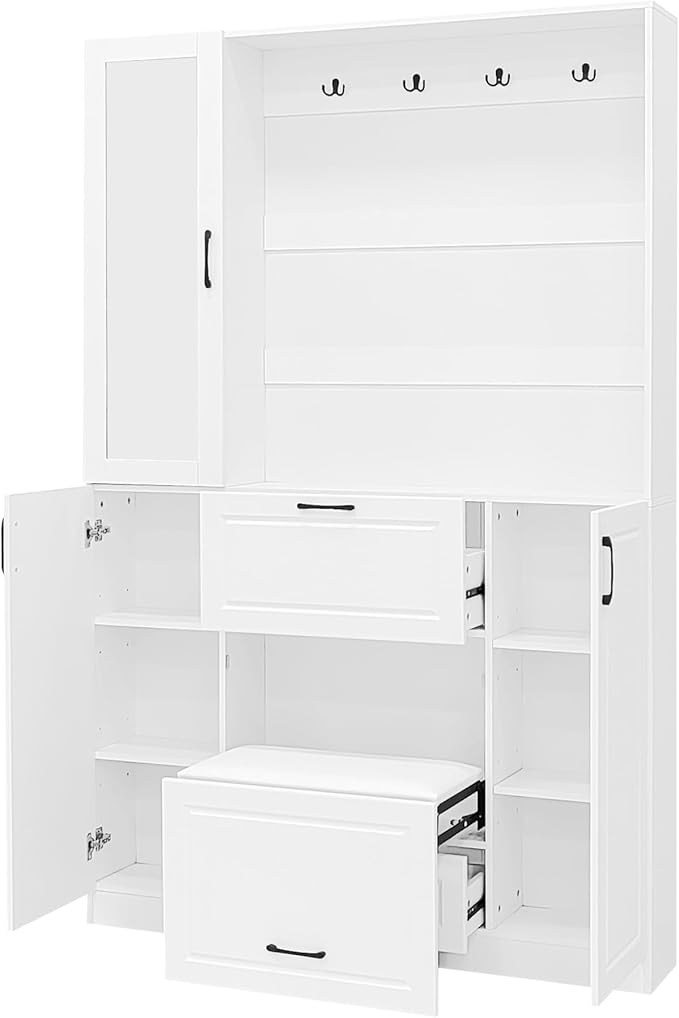 51.1'' Hall Tree with 4 Sturdy Hooks and Foldable Seat, 3-in-1 Design and Mirrored Cabinet Door, Entryway Bench with Integrated Shoe Cabinet for Living Room