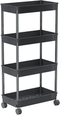 Sooyee 4 Tier Wide Storage Cart Mobile Shelving Unit Organizer Slide Out Storage Rolling Utility Cart Tower Rack for Kitchen Bathroom Laundry, Plastic & Stainless Steel,Black