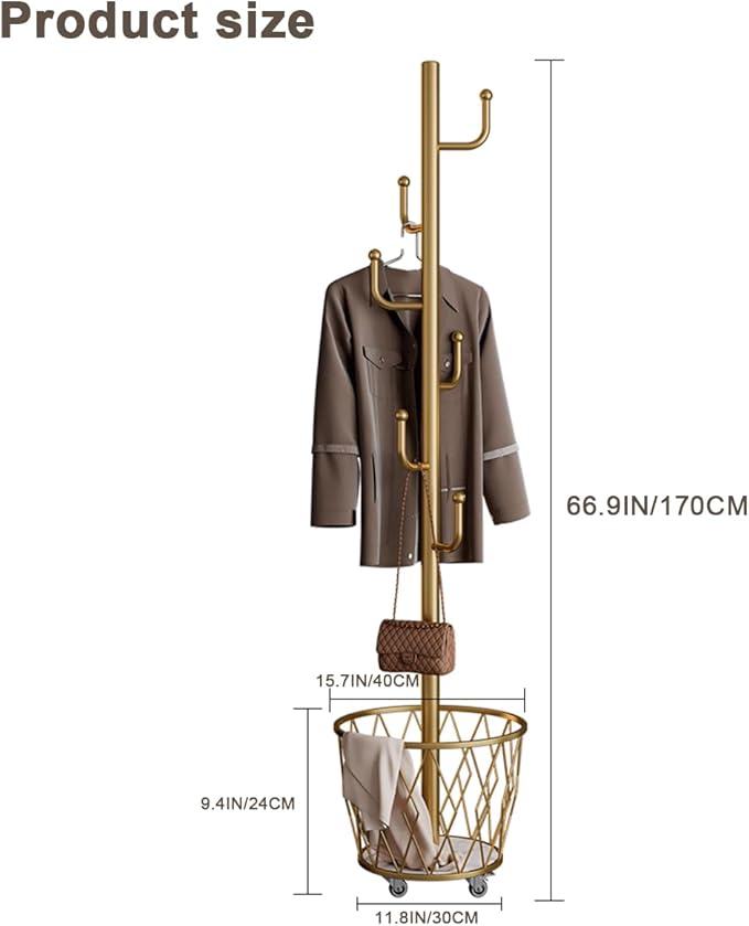 SYO Portable single-pole coat rack with 6 hooks and storage basket; floor-standing coat rack for bedroom and hallway; casters for easy movement; modern minimalist design.