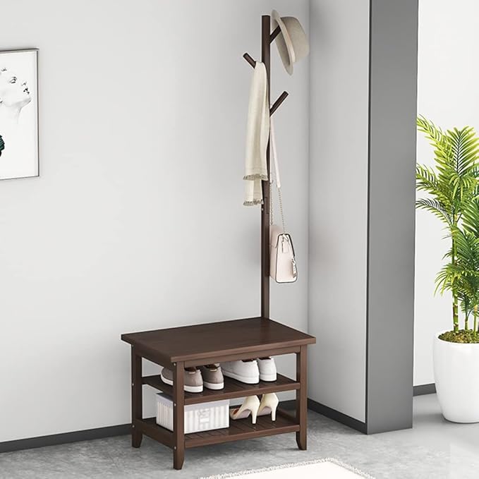GIZNXBA Coat Rack Shoe Bench, Coat Rack Stand Wood, Hall Tree with Shoe Storage, 3-Tier Shoe Bench with 3 Hooks, Industrial Hall Tree for Hallway, Bedroom, Entryway (Size : 50cm)