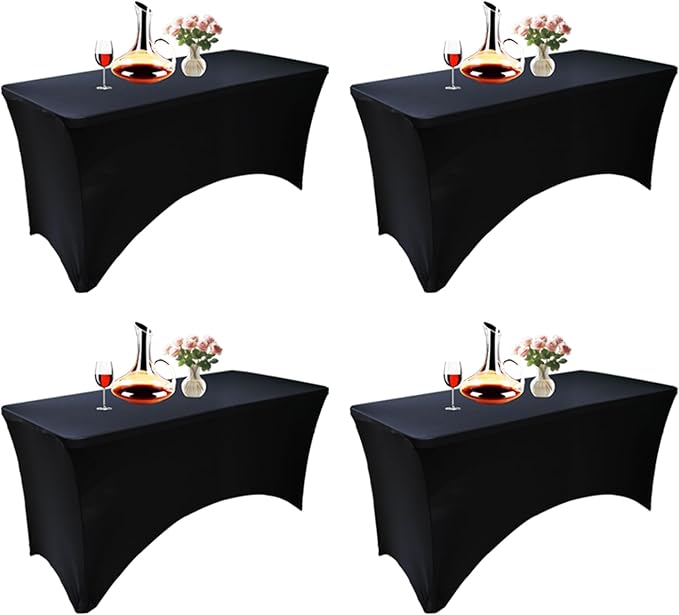 4 Pack - Elegant Black Stretch Spandex Table Cover (48Lx24Wx30H Inches), Non-Iron Fitted Tablecloth for 4-Foot Rectangular Folding Tables -Ideal for Banquets, Weddings & Festivals