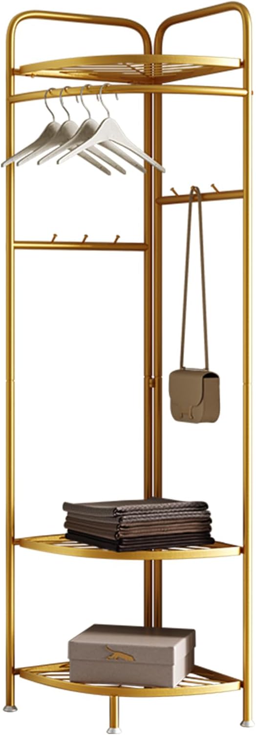 corner coat rack,corner hall tree with 6 hooks and storage shelf,gold clothing rack,Freestanding garment rack,metal corner clothes rack for Hallway, Entryway, Bedroom