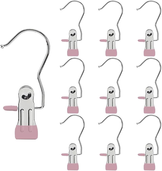 Hangers Clips,Stainless Multi Function Clip Hooks,Laundry Hanging Hooks Clips,Closet Hangers,Boot Clips， Hats Clips,Socks Clips,Pants Clips, Bras Clips (10, Pink)