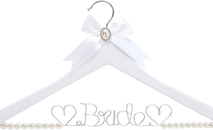 White Solid Wood Bridal Dress Hanger with Bridal Wire Lettering for Bridal Wedding Party Gift (White Coat Hanger Pearl Silver Thread)
