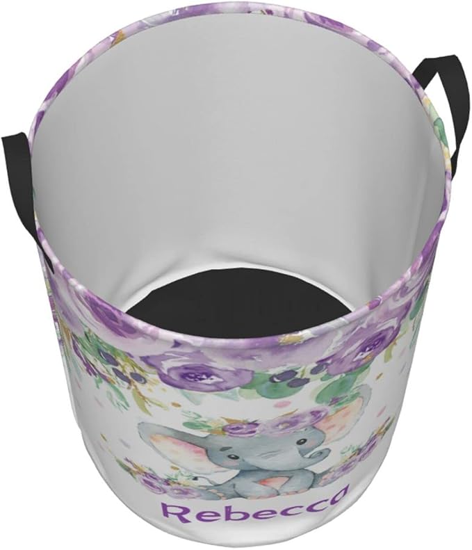 Purple Floral Elephant Personalized Laundry Hamper Custom with Name Collapsible Waterproof Storage Basket with Handles for Bedroom Decor Gift.