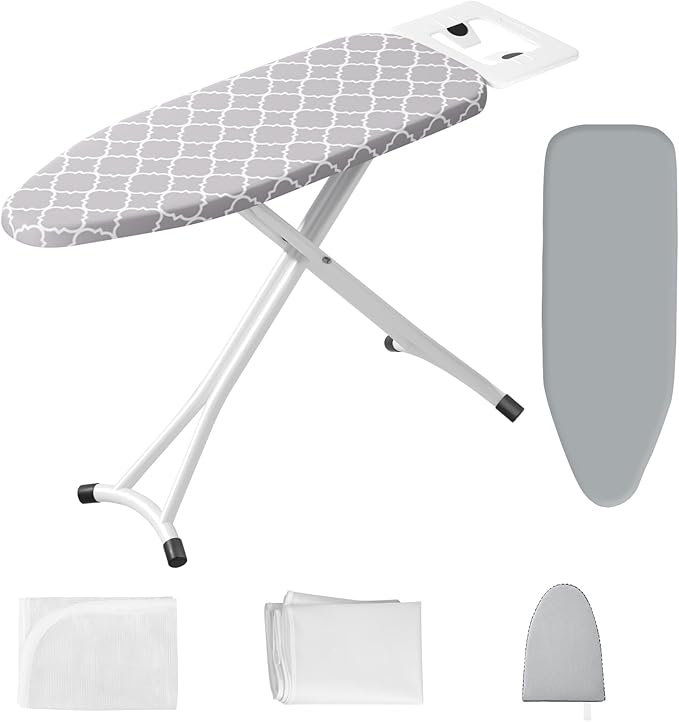 Ironing Board,Foldable Ironing Board Adjustable Height Compact Iron Board Thick Steel Tube Iron Board with Holder,Replacing Cloth Cover and Mini Handheld Gloves,Gift for Women(Grey Texture)