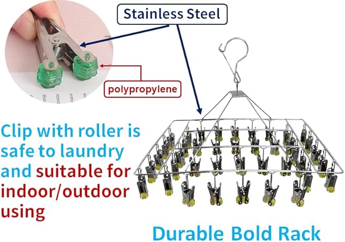 Quick Release Stainless Steel Laundry Drying Rack with Clips, Swivel Hook Wind-Proof Clothes Hanger Rack for Sock, Bras, Underwear, Laundry (Rectangle 40 Clips)