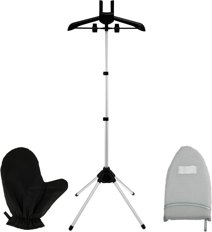 Steamer Stand for Clothes, Foldable Rotatable Garment Hanger for Steaming Clothes, Adjustable Height Steam Iron Stand Rack with Ironing Board and Glove for RV, Home, Hotel (Black)