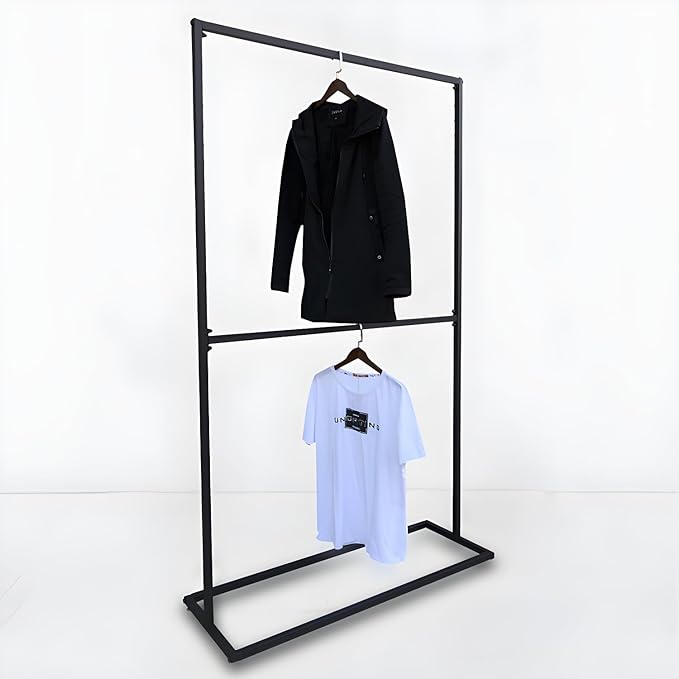 LITFAD Contemporary Metal Hall Tree Hang Garment Lever Hall Stand Free Standing Clothes Hanger Clothing Store Coat Rack in Black - 39.5" L x 16" W x 71" H Double Clothing Rod