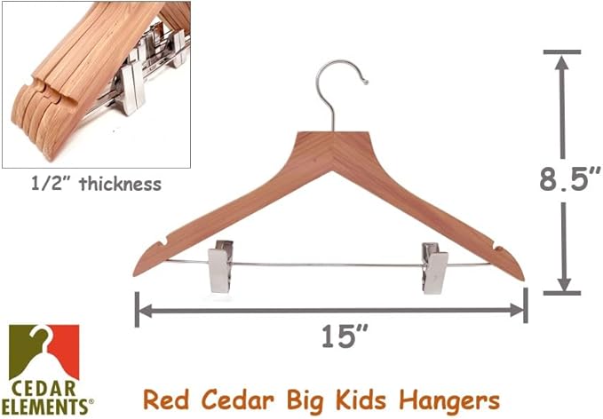 Cedar Elements Big Kids Cedar Hangers – French Flat Top Style 12 Pack for Kids Size 4T-10 (with Metal Clips for Pant Skirt Hanging)