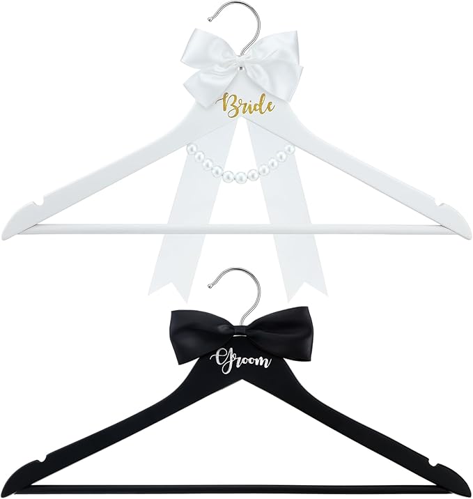 2 Pack Bride and Groom Wedding Hanger Set with Ribbon Bow Wooden Dress Suit Hanger Gift for Wedding Bridal Party Photo Decor(Black and White,Classic)