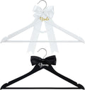 2 Pack Bride and Groom Wedding Hanger Set with Ribbon Bow Wooden Dress Suit Hanger Gift for Wedding Bridal Party Photo Decor(Black and White,Classic)