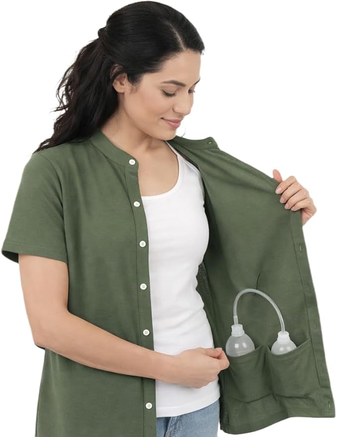 USBD Post Mastectomy Shirt with Drain Pockets Band Collar Post Op Recovery Tops