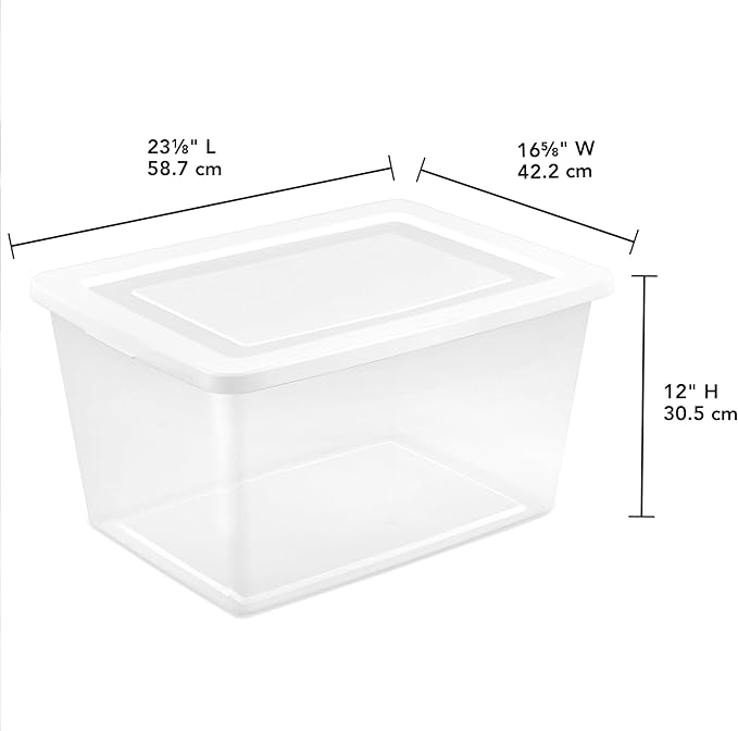 Sterilite 6 Pack Storage Boxes, Clear Plastic Stackable Containers, Lightweight Home Organizers with Snap Lids, 58 Quart, White