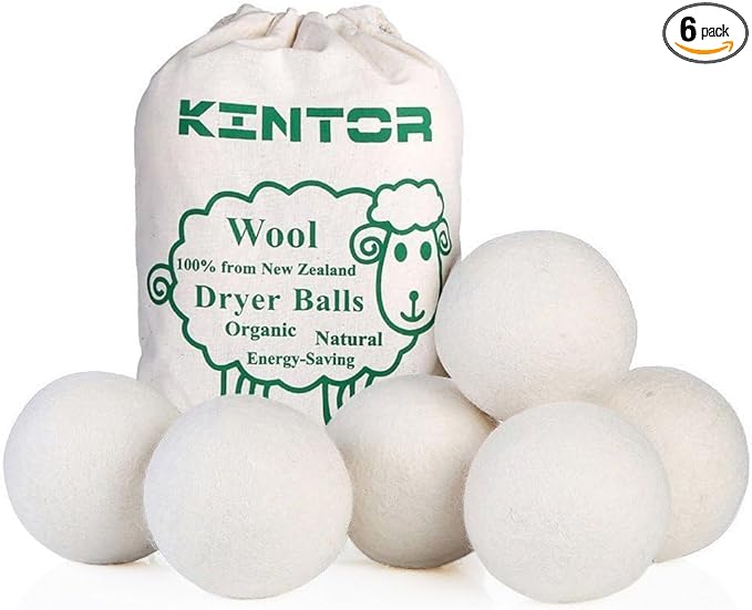 KINTOR Wool Dryer Balls XL 6 Pack 2.95", 100% New Zealand Wool Organic Fabric Softener, Hypoallergenic Baby Safe & Unscented, Chemical Free to Reduce Wrinkles & Static Cling, Shorten Drying Time