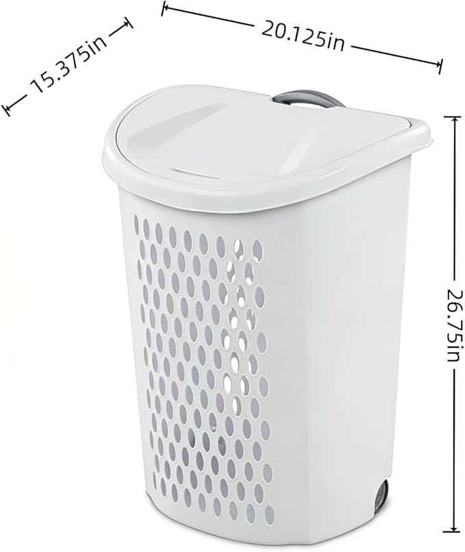 Plastic Laundry Basket, Clothes Hamper with Lid & Wheels, Dirty Clothes Hamper with Handle for Laundry room, Bathroom, Dormitory, White