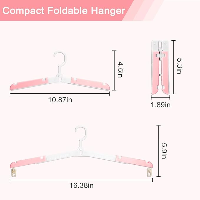 Foldable Travel Hangers for Cruise, 6 Pack Portable Collapsible Hangers with Clips, Folding & Space-Saving Suitcase Hangers for Travel, (Pink-White)