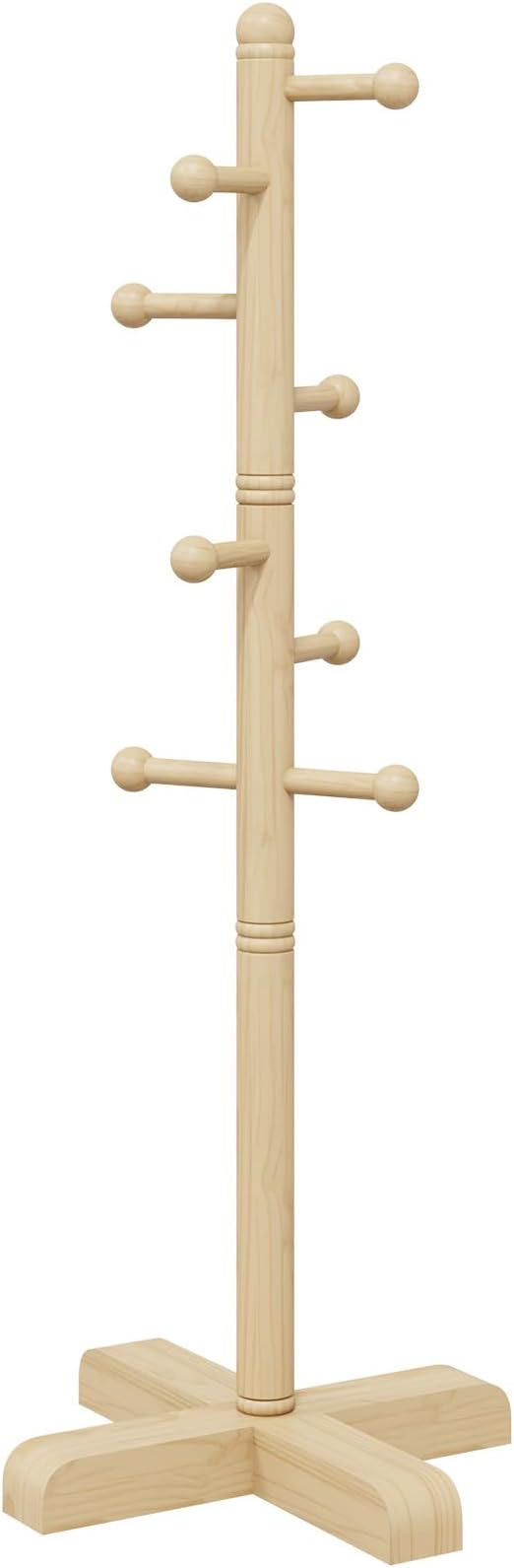 Coat Rack, Freestanding Coat Racks with 8 Hooks 2 Adjustable Height, Tree Coat Rack for Bedroom, Hallway, Entrance, Office, Hats, Handbags,Purse (Nature)