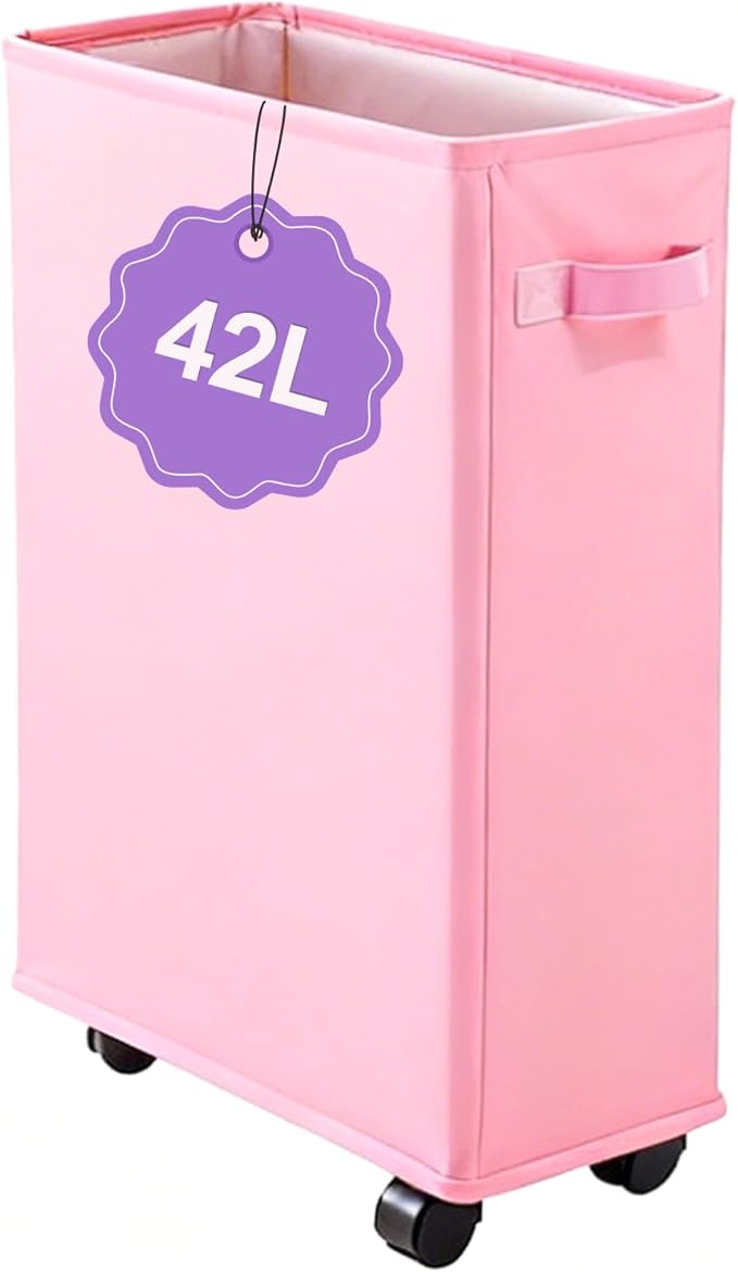 42L Slim Laundry Basket with Wheels, Rolling Laundry Hamper for Small Spaces, Collapsible 600D Oxford Dirty Clothes Basket with Brake & Handle, Narrow Laundry Basket for Dorm, Bathroom, Pink