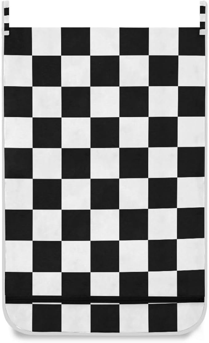 Checkered Black and White Hanging Laundry Hamper Door Hampers Bag Basket with Stainless Steel Hooks Oxford Fabric Printing Decorative Clothes Bags 29.5X20inch 1Pack