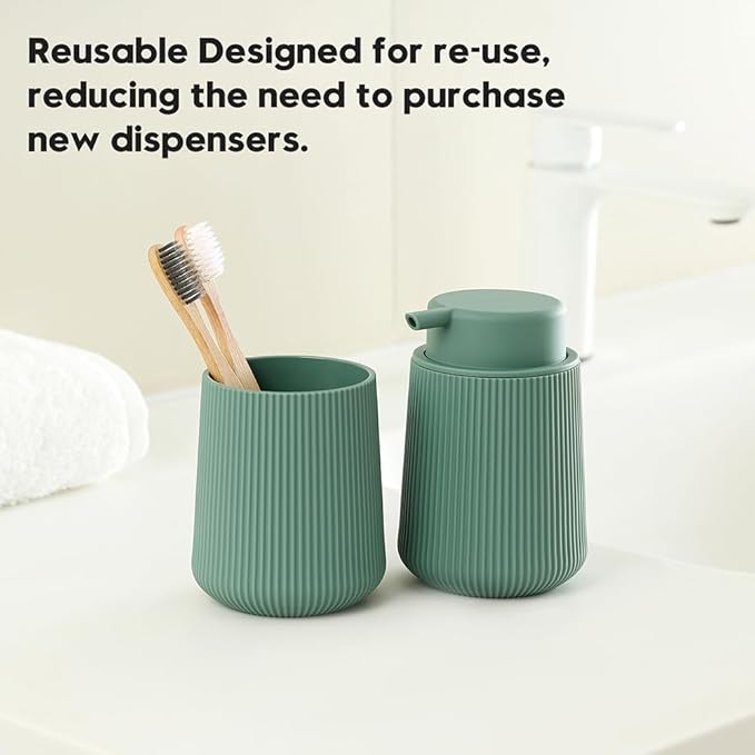 Striped Liquid Hand Soap Dispenser with Leak-Proof Pump for Bathroom and Kitchen Countertop 11oz Sage Green