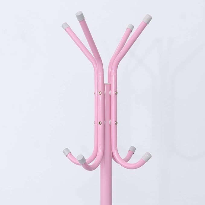 Cabilock Pink Metal Coat Rack Stand with 12 Hooks, Space-Saving Iron Hat and Clothes Hanger for Home, Bedroom, Office, and Hotel