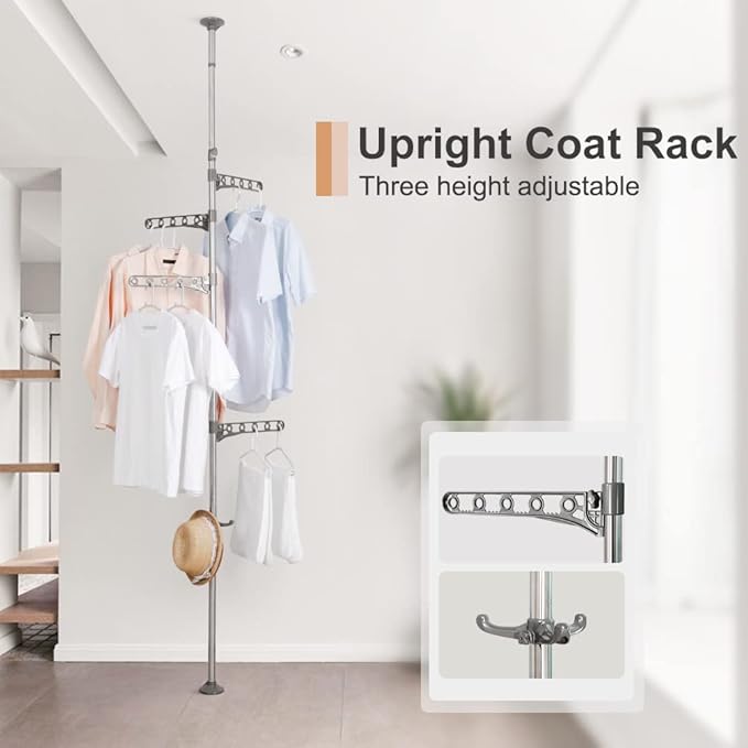 BAOYOUNI Adjustable Laundry Pole Corner Clothes Drying Rack Stand Floor to Ceiling Tension Shelf Metal Coat Tree Hanger Storage Organizer with 4 Arms & 1 Hook - Grey