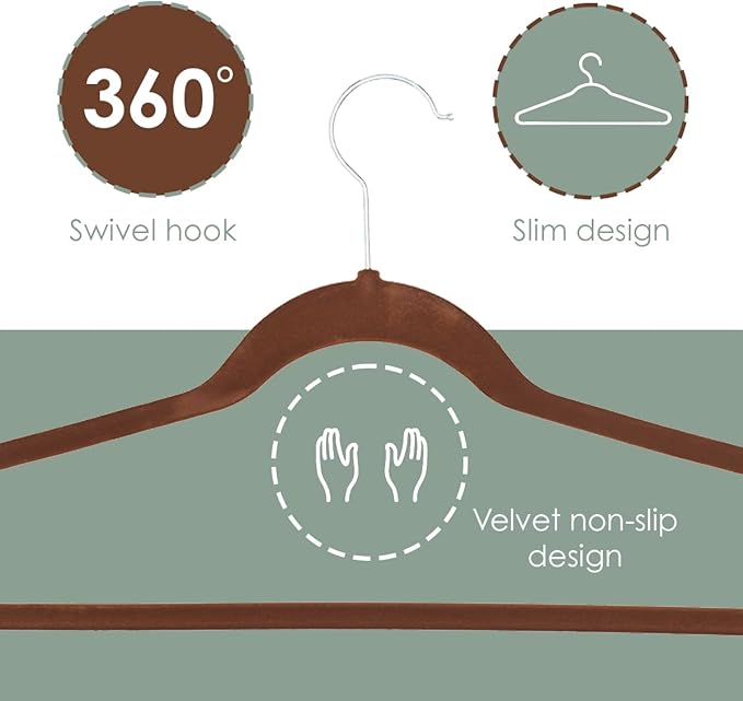 Velvet Clothes Hangers (Pack of 10), Brown, by Home Basics | Felt Hangers for Tops, Jackets, Dresses, and Pants | Contoured Hangers with Notches | Ultra-Thin Space Saving Clothes Hangers