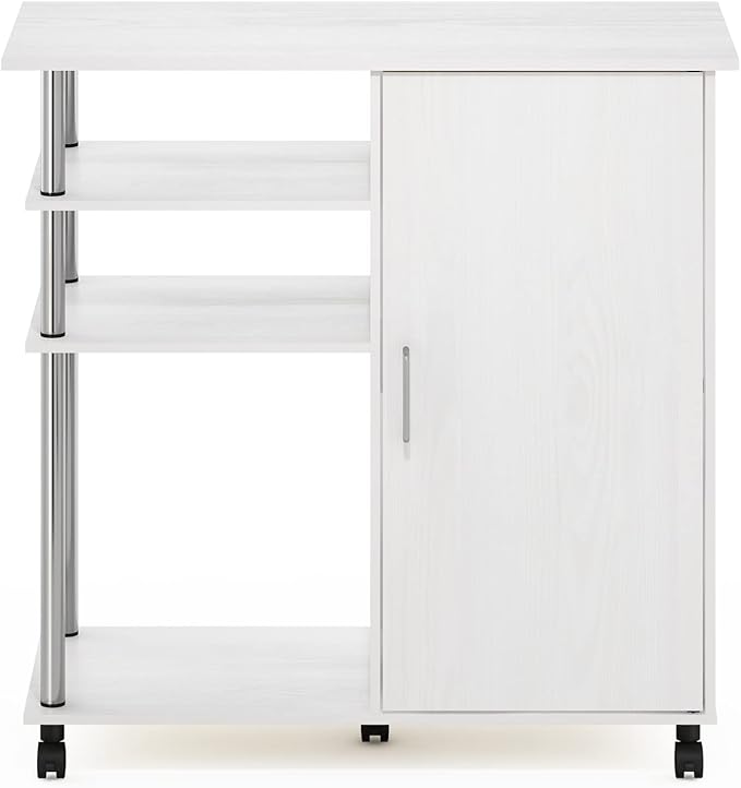 Furinno Helena Bakers Rack with Wheels, 4-Tier Rolling Kitchen Island, Kitchen Cart, with Closed Cabinet, Coffee Bar, Pantry Organizers and Storage, White Wood