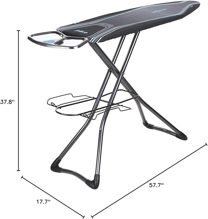Minky Homecare Ergo Plus Prozone Ironing Board Made in UK Freestanding Full Size Iron Table with Heat Reflective Cover, Thick Felt Underlay and Large 48" x 15" Ironing Surface (Gunmetal and Blue)