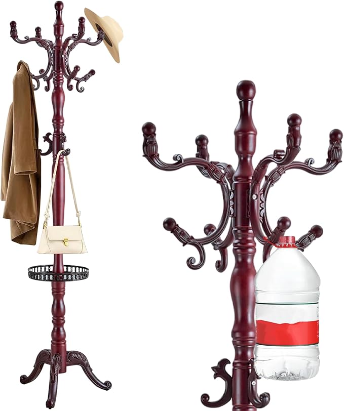 Wooden Coat rack freestanding, Coat racks stand with storage basket, Heavy duty coat tree standing with 11 Hook for Bedroom, Entryway, Hallway, Office,Stury Base (Triangle Redwood)