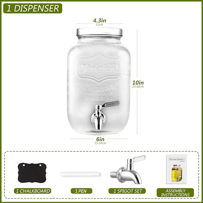 1 Gallon Drink Dispenser with Spigot 18/8 Stainless Steel – Airtight & Leakproof Glass Sun Tea Jar with Anti-Rust Lids, Beverage Dispenser for Parties - Laundry Detergent Holder (Pack of 2)