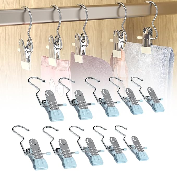 2024 New Space-Saving Clothespin Hat Pants Storage Hanging Travel Hook, Portable 360 Rotating Stainless Steel Hanging Hook Clips Towel Clips, Multifunctional Home Travel Hangers (Blue, 30PCS)