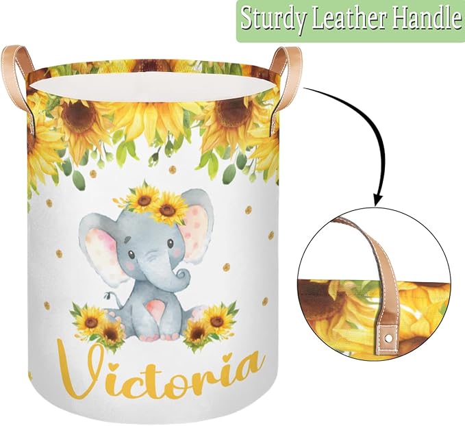 Personalized Laundry Basket, Custom Gift Laundry Hamper, Collapsible Nursery Waterproof Laundry Baskets, Dirty Clothes Toy Hamper with Handles Elephant Sunflower Floral