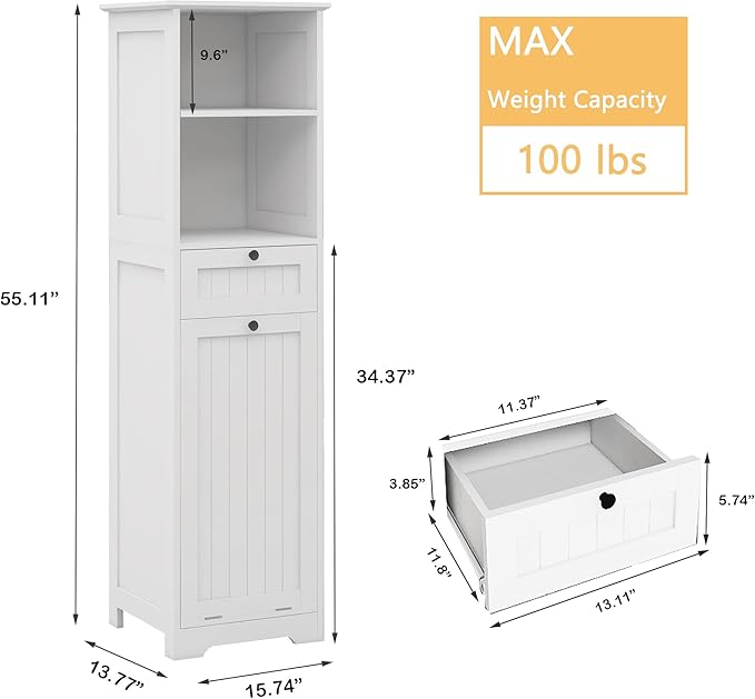 Tall Tilt Out Laundry Room Cabinets and Storage with Hidden Removable Basket, Pull Out Laundry Cabinet Hamper with Door and Drawer for Laundry Room, Bathroom, 13 Gallons