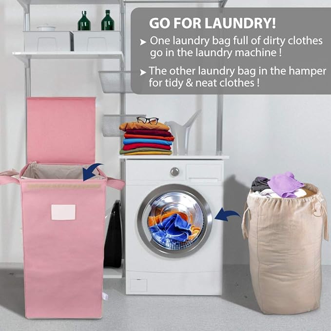 MCleanPin 210L Pink Laundry Hamper with Lid and 2 Removable Bags, Collapsible Dirty Clothes Hamper with Handles, Foldable Baby Nursery Hamper Dorm Room Storage Girls College Hamper(Rose Pink)