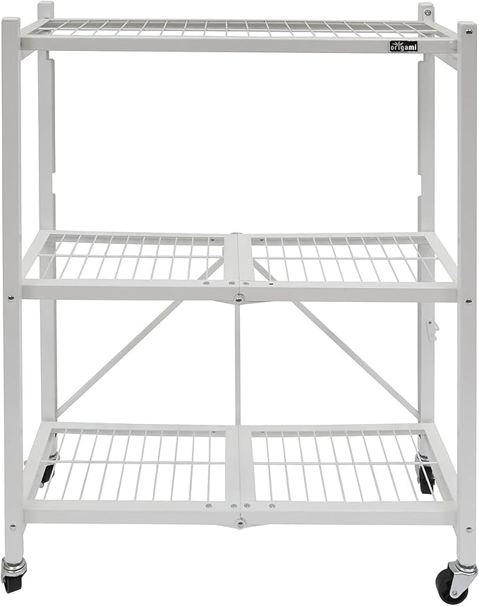 Origami 4-Pack General Purpose Foldable 3-Tier Shelf Storage Rack & Wheels, R3, White