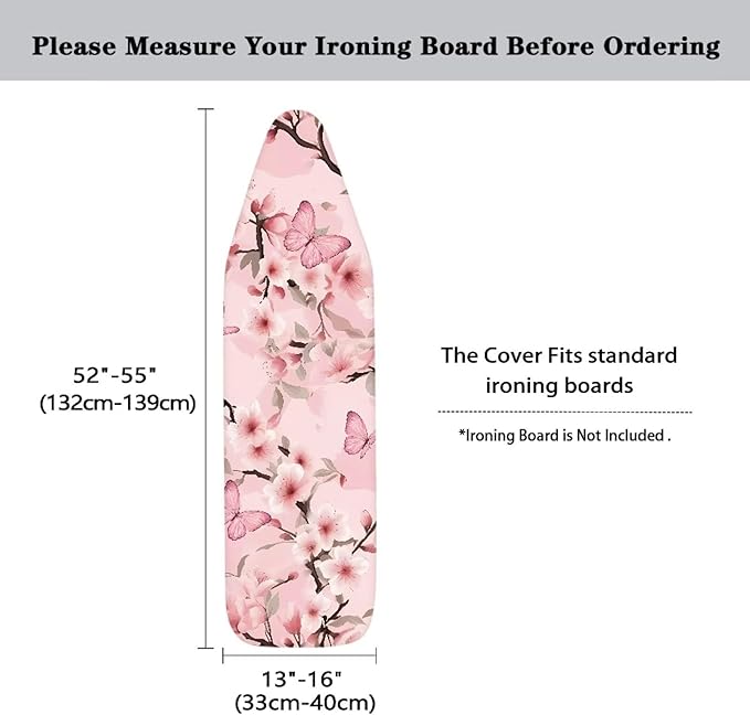 Cherry Blossoms Butterfly Stretchable Standard Ironing Board Cover with Elastic Edge Windproof Reflects Heat Iron Board Cover for 15 x 54 Ironing Boards Decor
